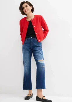 bonprix Jeans|Bekleidung·Shirts & Tops^Straight-Jeans Mid Waist Bequembund Low Stretch, cropped dunkelblau denim used
