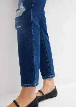 bonprix Jeans|Bekleidung·Shirts & Tops^Straight-Jeans Mid Waist Bequembund Low Stretch, cropped dunkelblau denim used