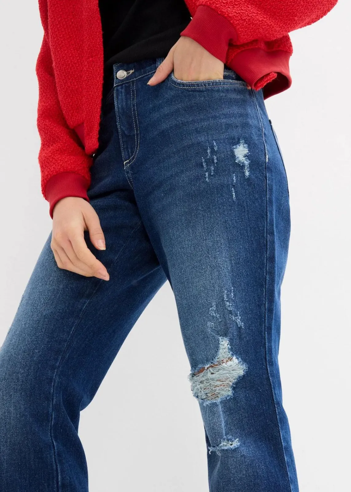 bonprix Jeans|Bekleidung·Shirts & Tops^Straight-Jeans Mid Waist Bequembund Low Stretch, cropped dunkelblau denim used