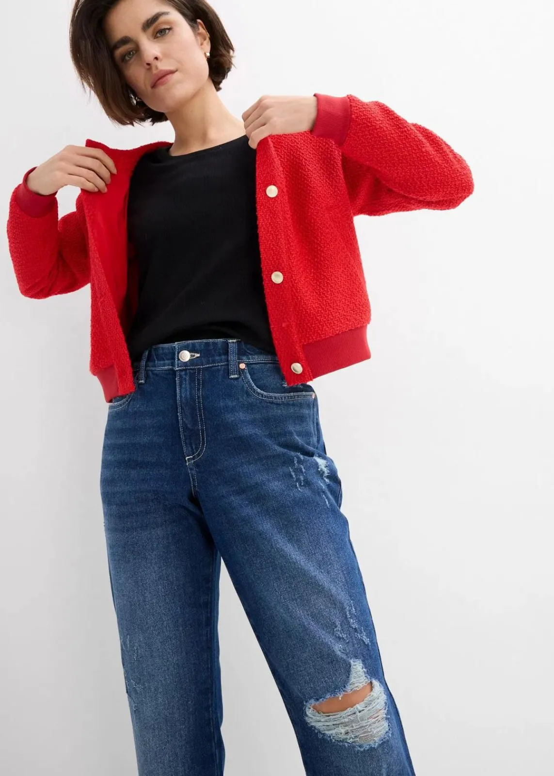 bonprix Jeans|Bekleidung·Shirts & Tops^Straight-Jeans Mid Waist Bequembund Low Stretch, cropped dunkelblau denim used