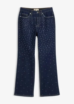 bonprix Kurzgrößen|Bekleidung·Shirts & Tops^Straight-Jeans Mid Waist mit Strass tiefblau denim ungewaschen