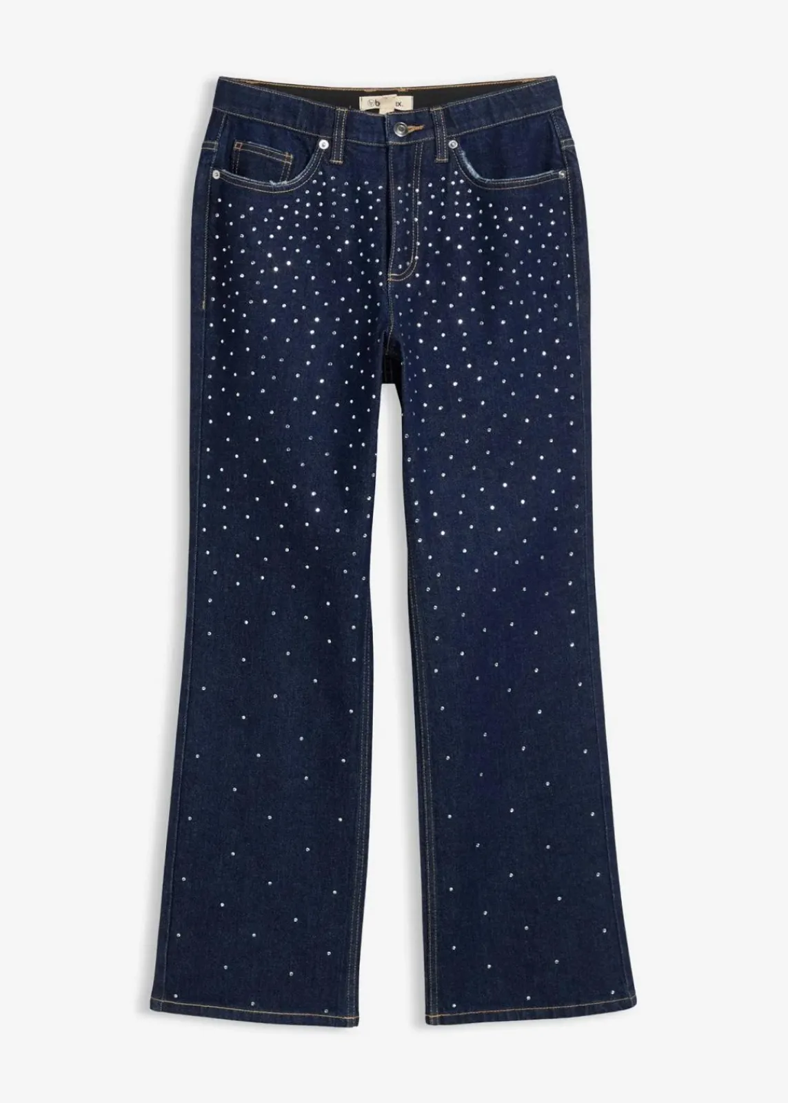 bonprix Kurzgrößen|Bekleidung·Shirts & Tops^Straight-Jeans Mid Waist mit Strass tiefblau denim ungewaschen