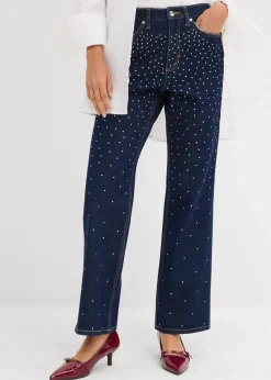 bonprix Kurzgrößen|Bekleidung·Shirts & Tops^Straight-Jeans Mid Waist mit Strass tiefblau denim ungewaschen