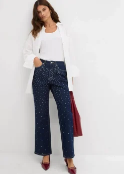 bonprix Kurzgrößen|Bekleidung·Shirts & Tops^Straight-Jeans Mid Waist mit Strass tiefblau denim ungewaschen