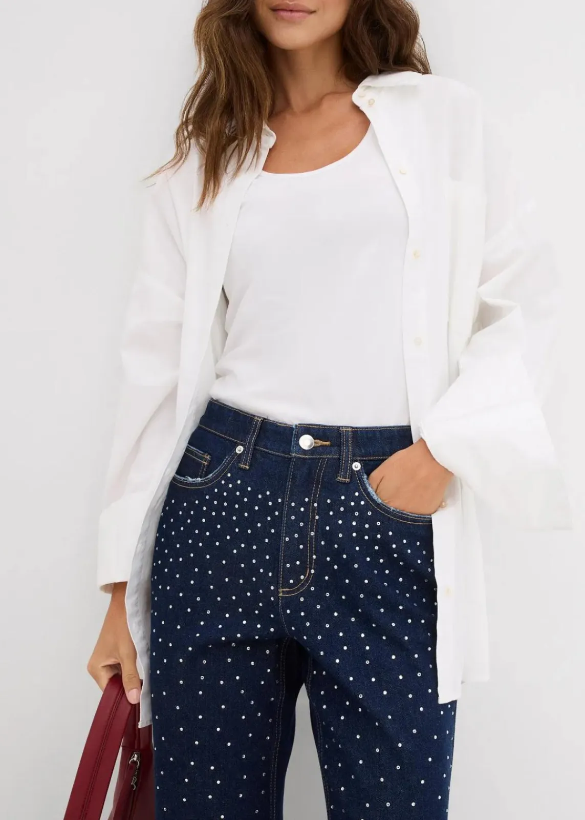 bonprix Kurzgrößen|Bekleidung·Shirts & Tops^Straight-Jeans Mid Waist mit Strass tiefblau denim ungewaschen