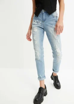bonprix Bekleidung·Shirts & Tops|Jeans^Straight-Jeans Mid Waist, Print hellblau denim