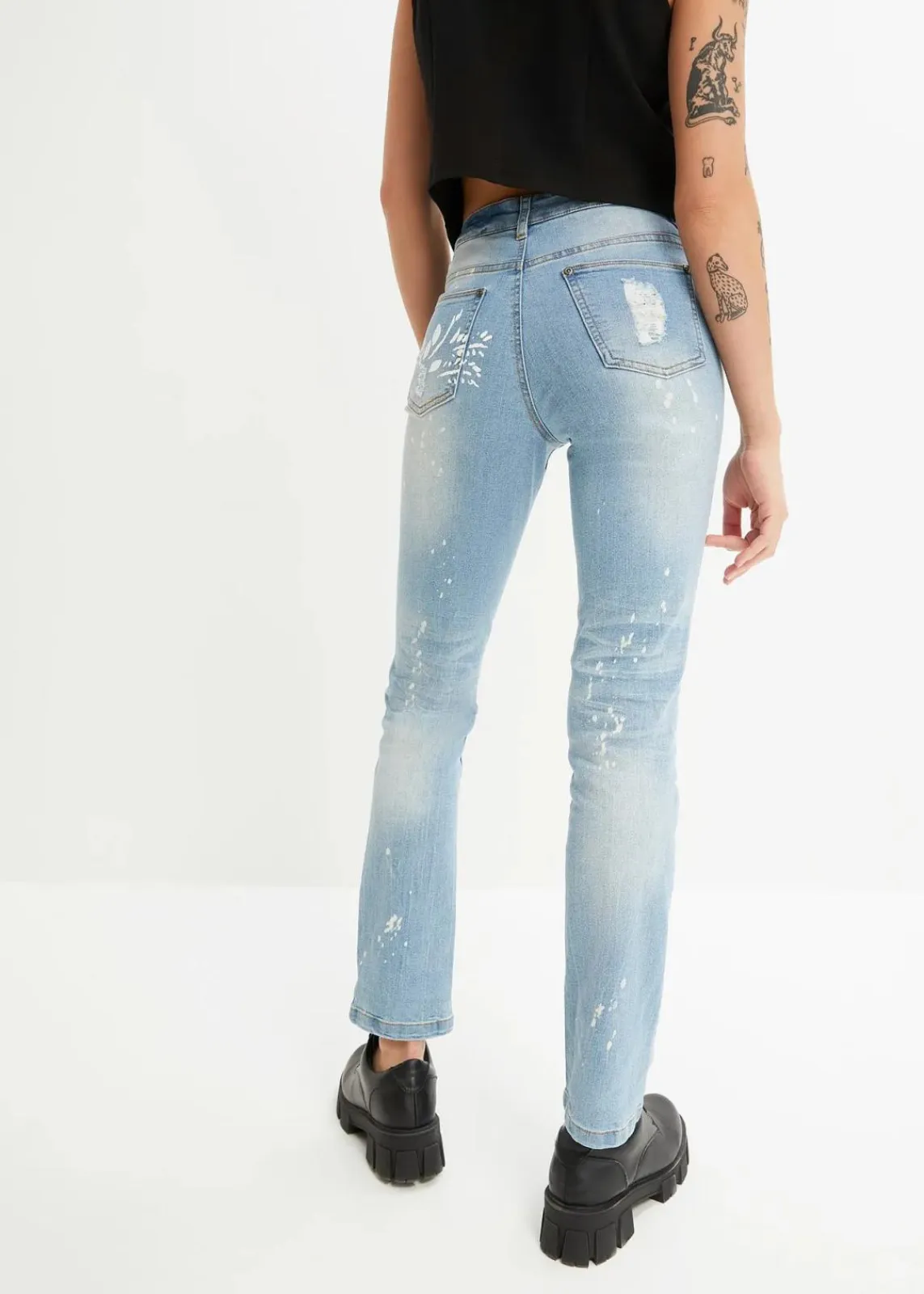 bonprix Bekleidung·Shirts & Tops|Jeans^Straight-Jeans Mid Waist, Print hellblau denim