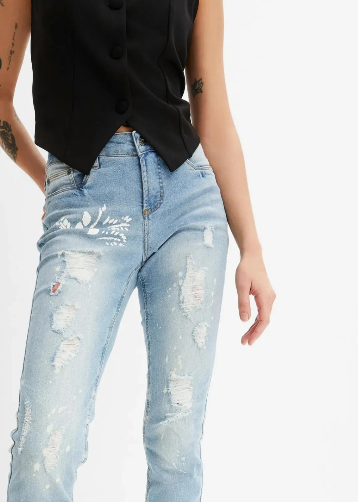bonprix Bekleidung·Shirts & Tops|Jeans^Straight-Jeans Mid Waist, Print hellblau denim
