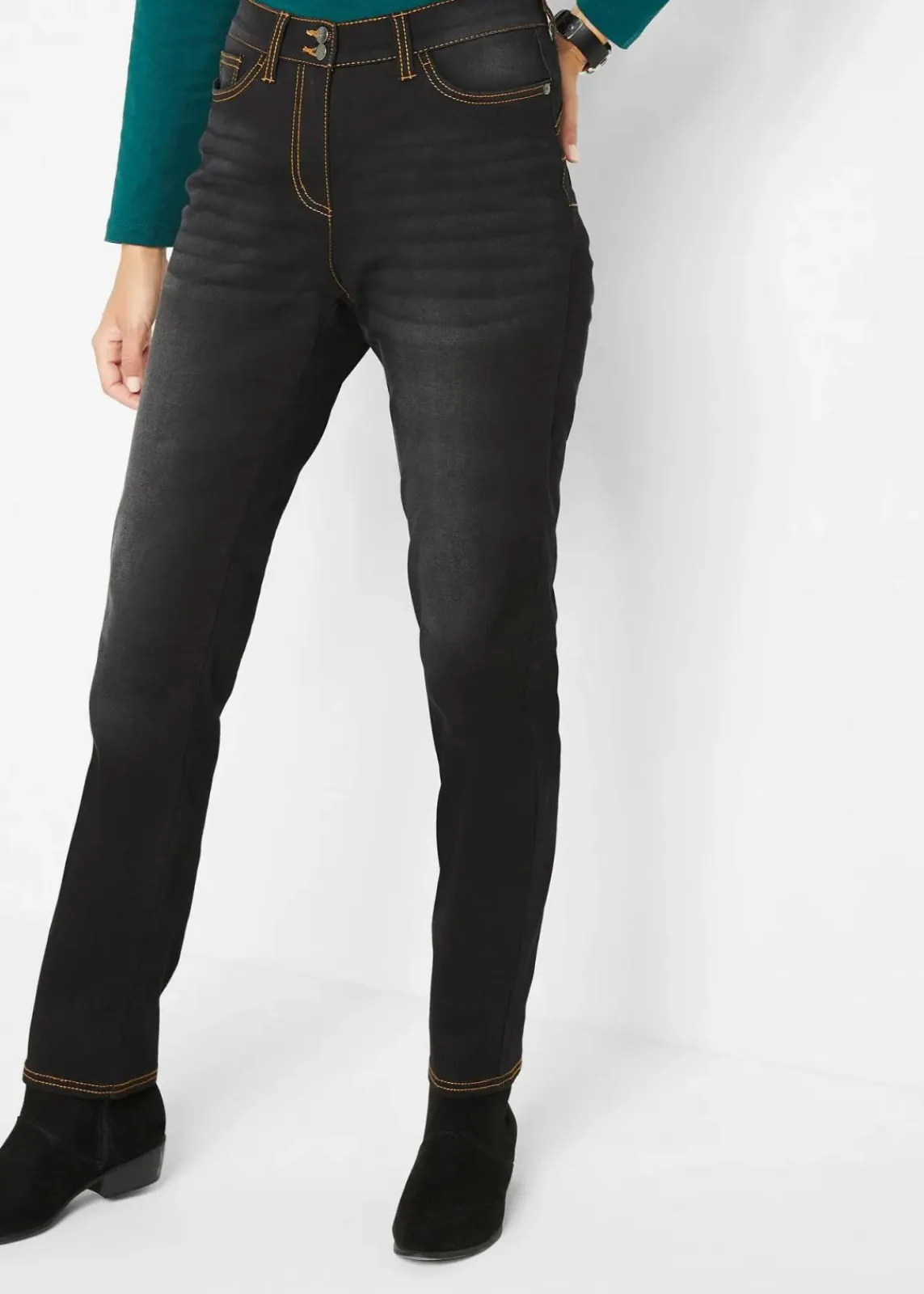 bonprix Jeans|Thermobekleidung^Straight-Jeans Mid Waist, Thermo mit Bequembund dunkelblau denim used