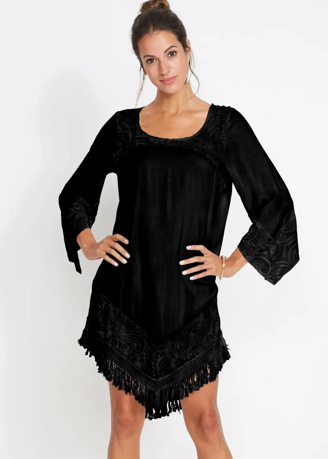 bonprix Strandmode|Bademode·Strandmode^Strand Tunika mit Spitze aus Viskose schwarz