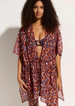 bonprix Strandmode|Bademode·Strandmode^Strandkimono mit Bindedetail lila/hellbraun leo bedruckt