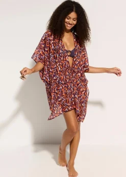 bonprix Strandmode|Bademode·Strandmode^Strandkimono mit Bindedetail lila/hellbraun leo bedruckt