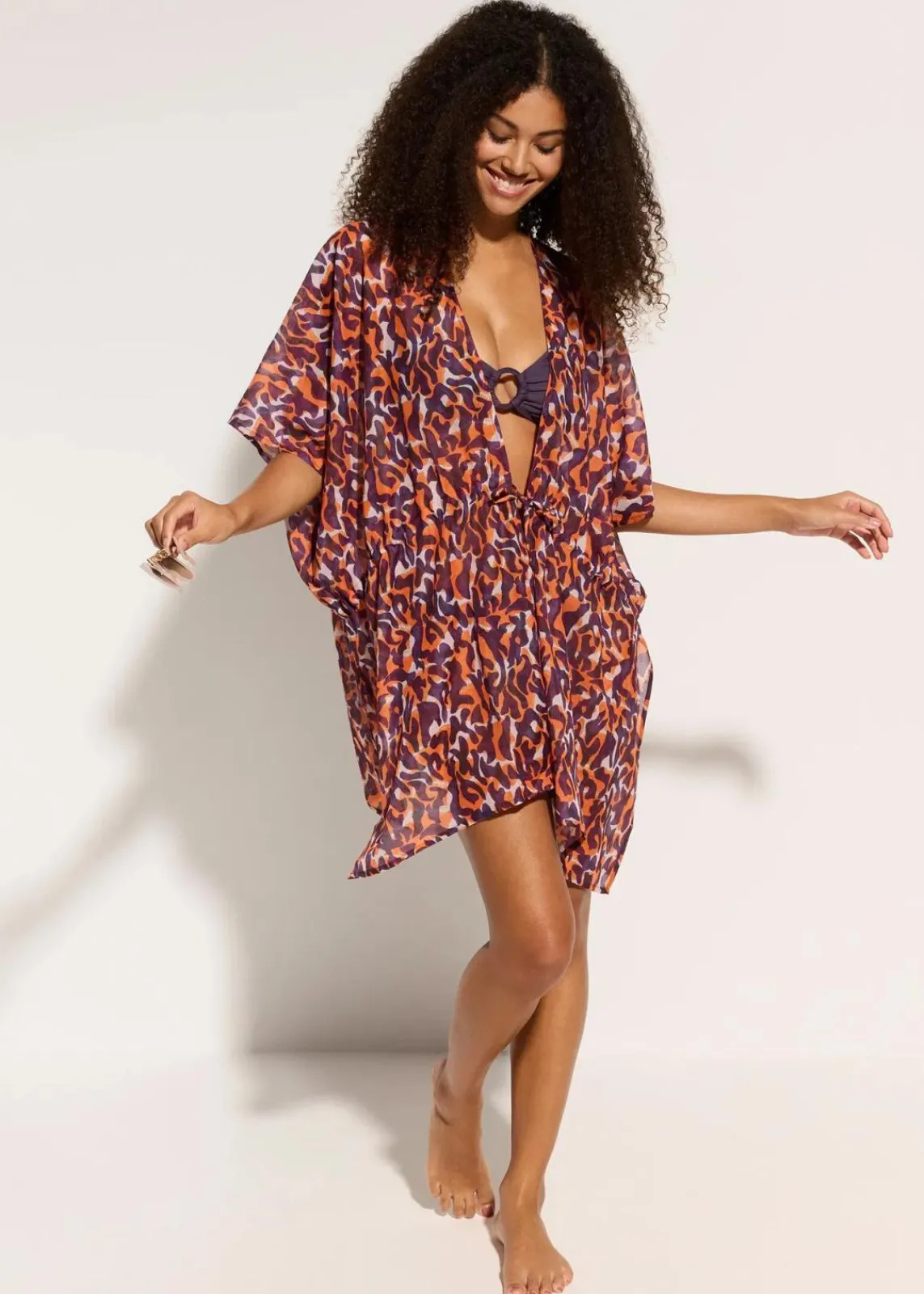 bonprix Strandmode|Bademode·Strandmode^Strandkimono mit Bindedetail lila/hellbraun leo bedruckt