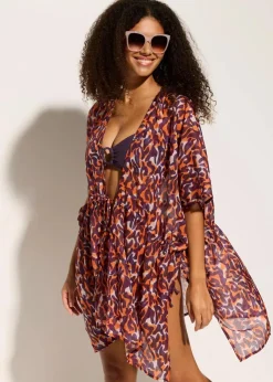 bonprix Strandmode|Bademode·Strandmode^Strandkimono mit Bindedetail lila/hellbraun leo bedruckt