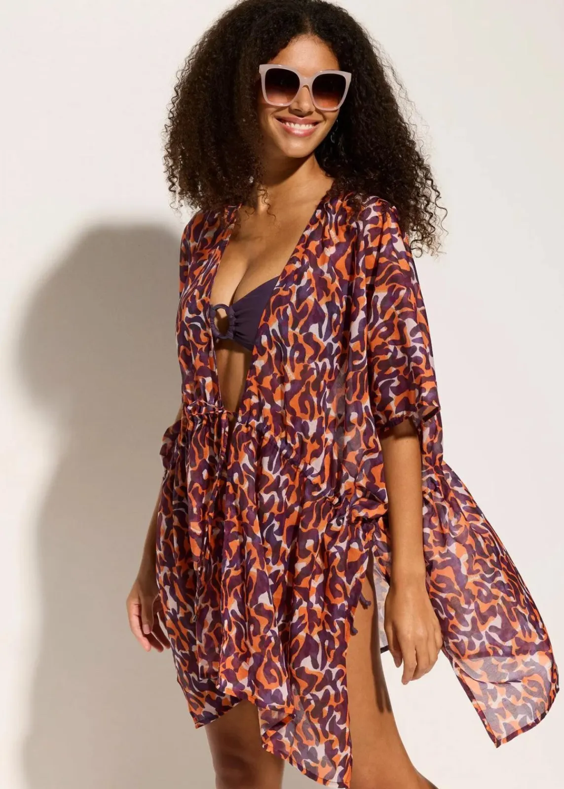 bonprix Strandmode|Bademode·Strandmode^Strandkimono mit Bindedetail lila/hellbraun leo bedruckt