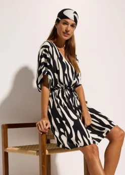 bonprix Strandmode|Bademode·Strandmode^Strandkleid aus fließender Viskose schwarz/wollweiß