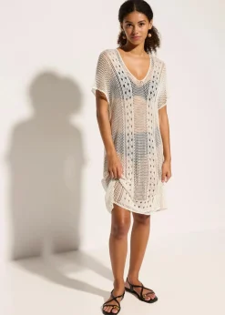 bonprix Strandmode|Bademode·Strandmode^Strandkleid in Häkeloptik aus fließender Viskose wollweiß