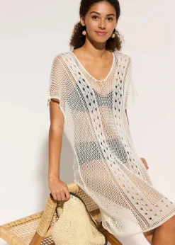 bonprix Strandmode|Bademode·Strandmode^Strandkleid in Häkeloptik aus fließender Viskose wollweiß