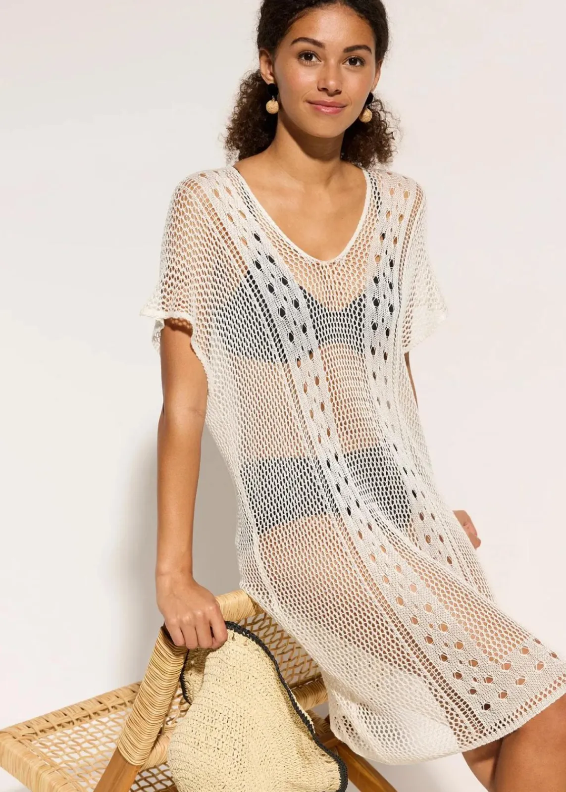 bonprix Strandmode|Bademode·Strandmode^Strandkleid in Häkeloptik aus fließender Viskose wollweiß