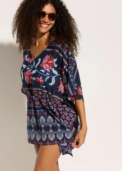 bonprix Strandmode|Bademode·Strandmode^Strandtunika aus leichtem Chiffon blau/rosa bedruckt