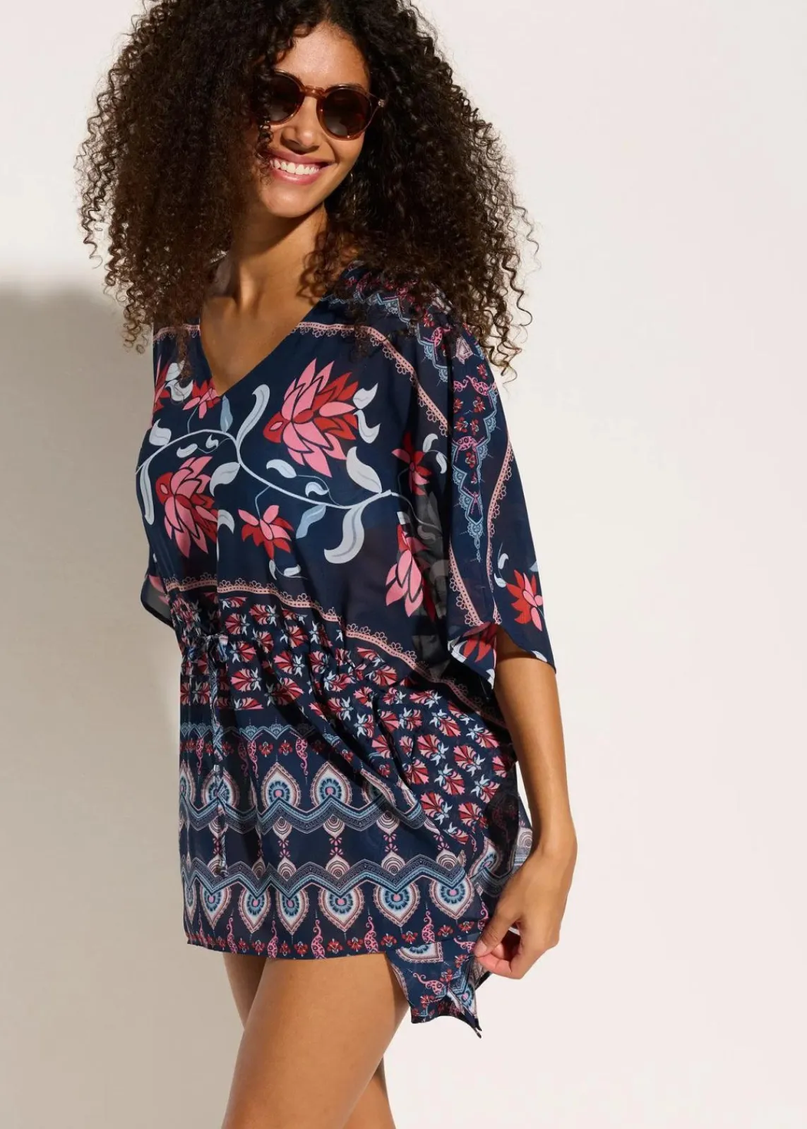 bonprix Strandmode|Bademode·Strandmode^Strandtunika aus leichtem Chiffon blau/rosa bedruckt