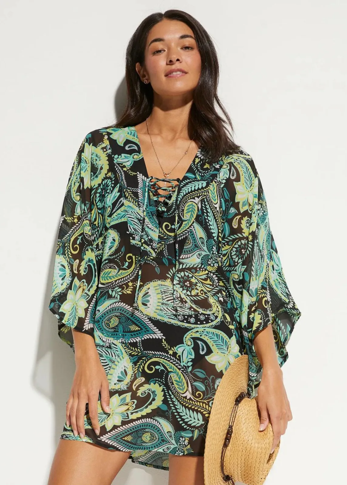 bonprix Strandmode|Bademode·Strandmode^Strandtunika aus leichtem Chiffon schwarz/grün paisley