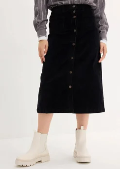bonprix Bekleidung·Sportbekleidung|Röcke^Stretch-Cordrock mit Knopfleiste, Midi-Länge schwarz