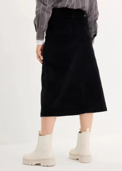 bonprix Bekleidung·Sportbekleidung|Röcke^Stretch-Cordrock mit Knopfleiste, Midi-Länge schwarz