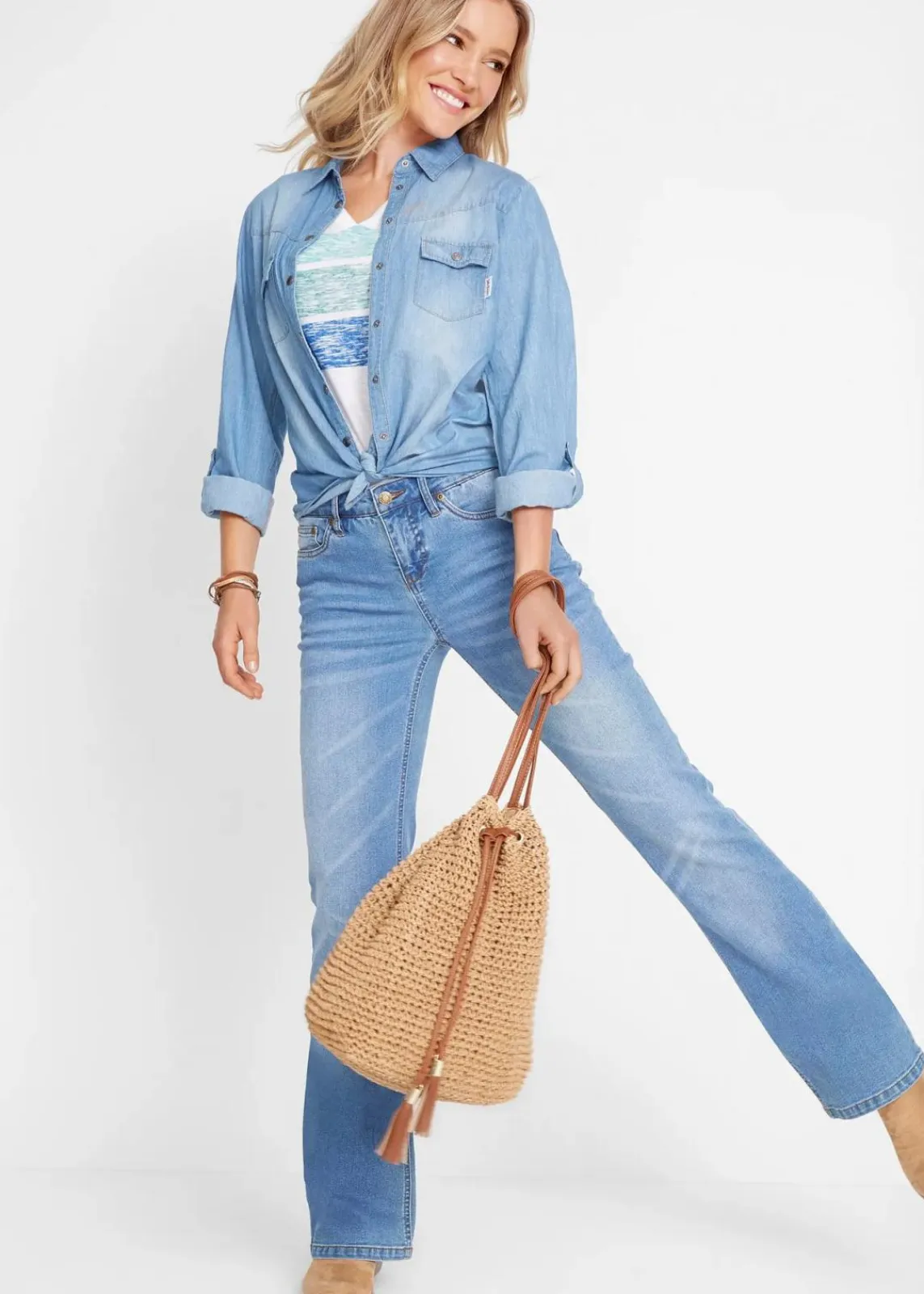 bonprix Bekleidung·Shirts & Tops|Jeans^Stretch-Jeans BOOTCUT hellblau used