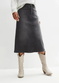bonprix Bekleidung·Sportbekleidung|Röcke^Stretch-Jeansrock, Midi-Länge schwarz denim used