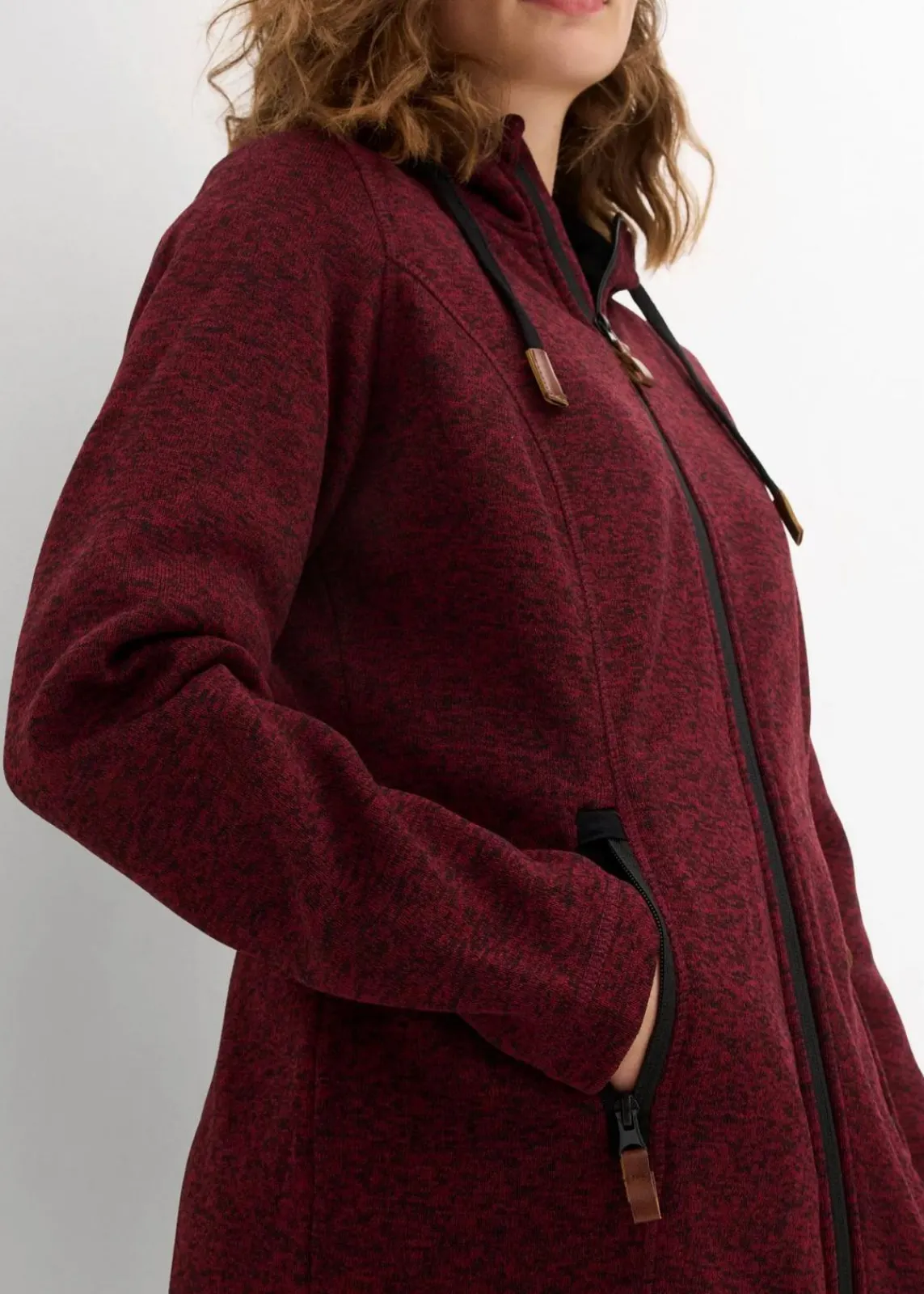 bonprix Bekleidung·Blusen & Tuniken|Bekleidung·Hosen^Strickfleecejacke mit Kapuze bordeaux meliert