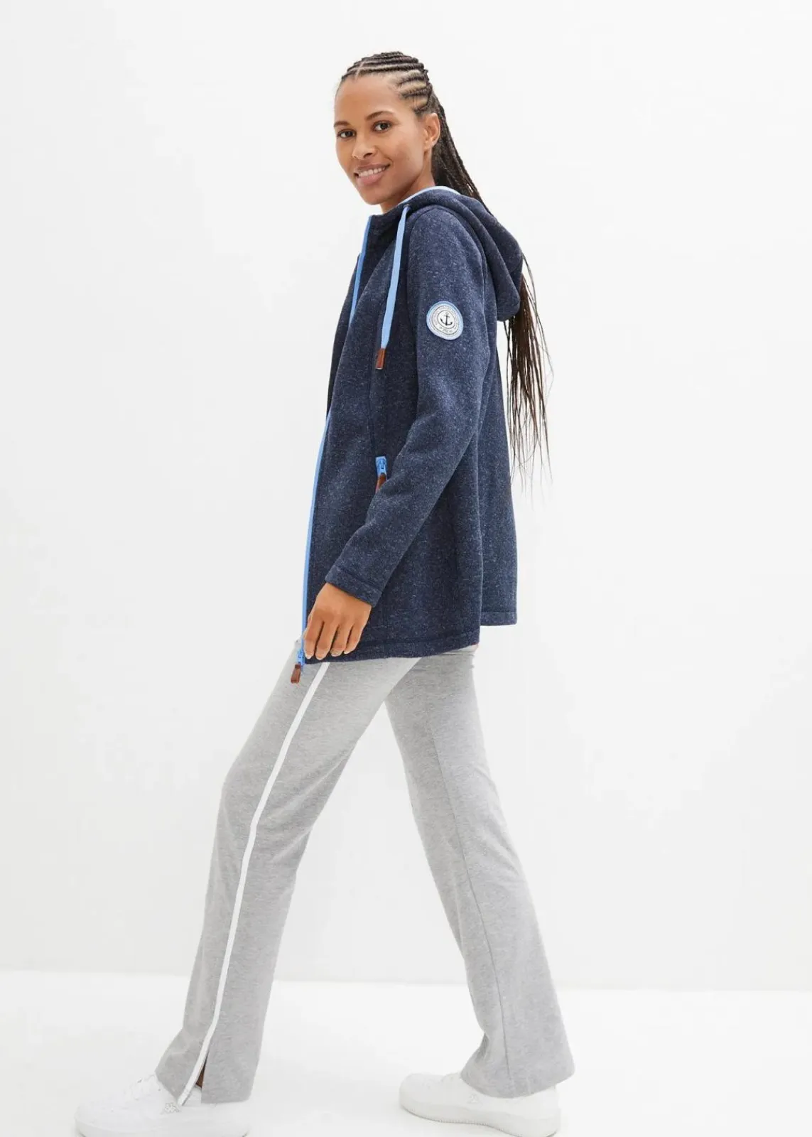 bonprix Jacken & Mäntel|Sweat^Strickfleecejacke mit Kapuze dunkelblau meliert