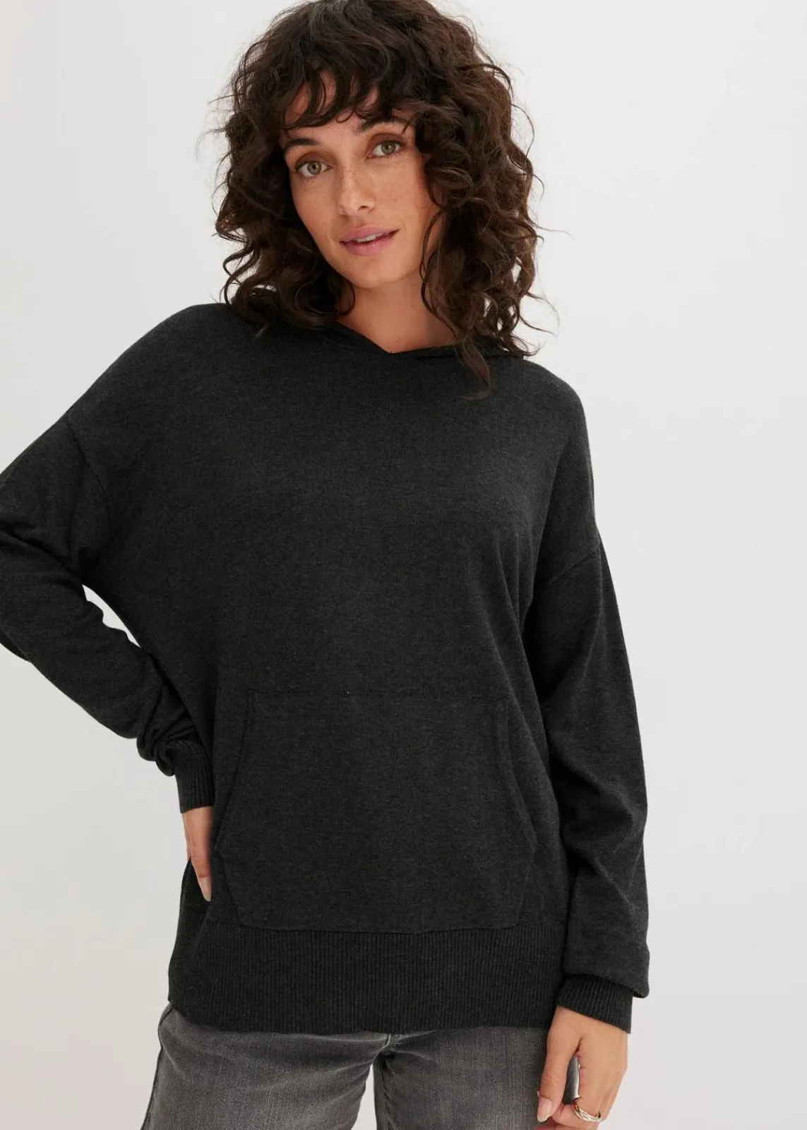 bonprix Bekleidung·Umstandsmode|Strickmode^Strick-Hoodie mit Kängurutasche aus Viskose-Mix anthrazit meliert