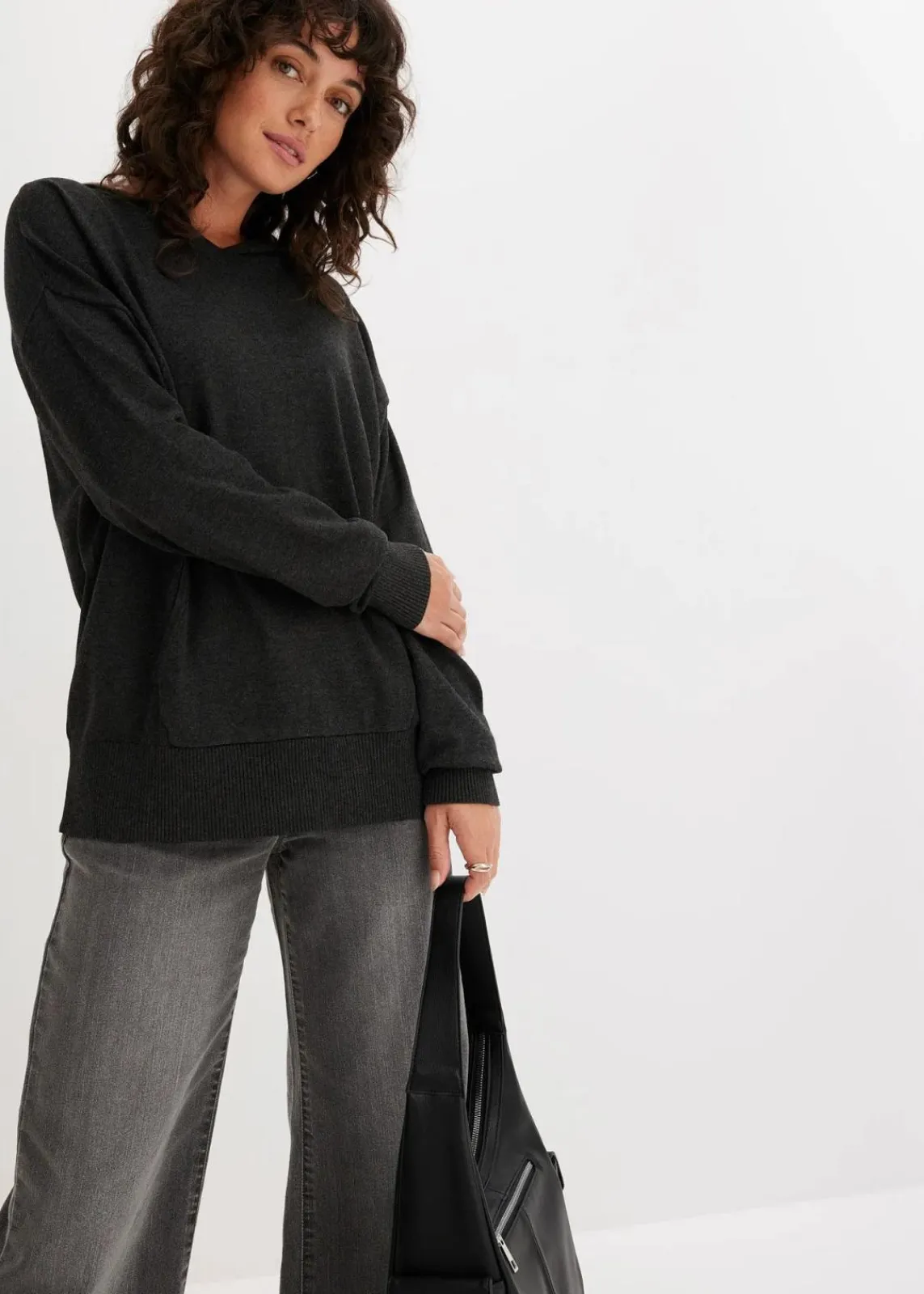 bonprix Bekleidung·Umstandsmode|Strickmode^Strick-Hoodie mit Kängurutasche aus Viskose-Mix anthrazit meliert