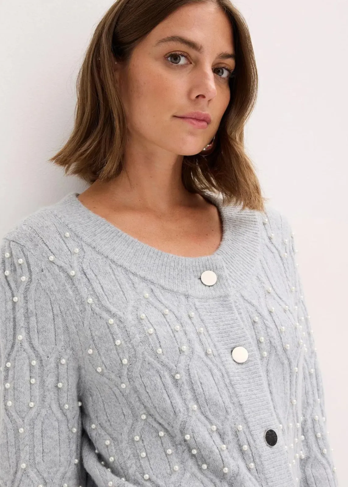 bonprix Bekleidung·Umstandsmode|Pullover & Strickjacken^Strickjacke hellgrau meliert
