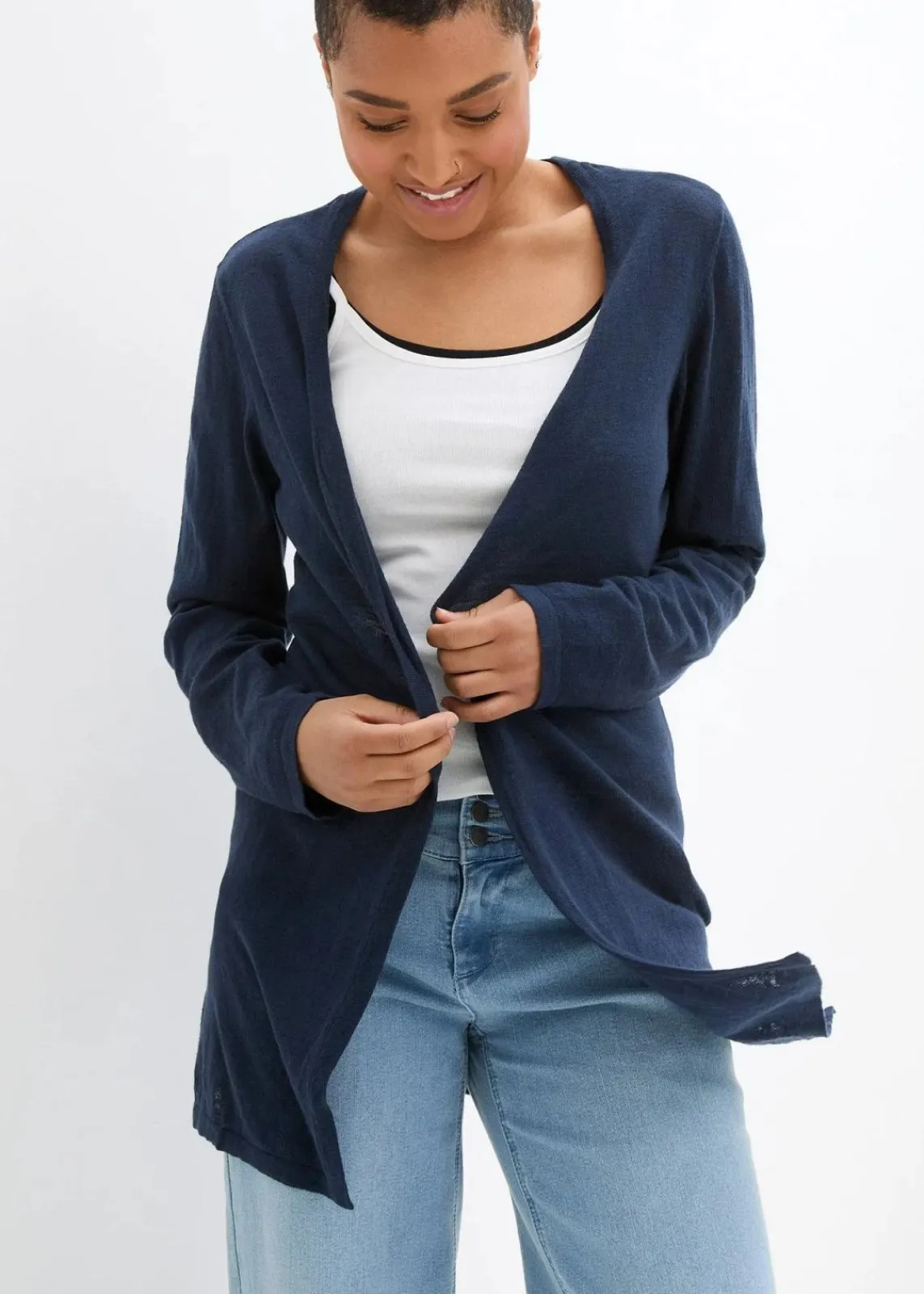 bonprix Bekleidung·Umstandsmode|Pullover & Strickjacken^Strickjacke aus reiner leichter Baumwoll-Slub Qualität dunkelblau