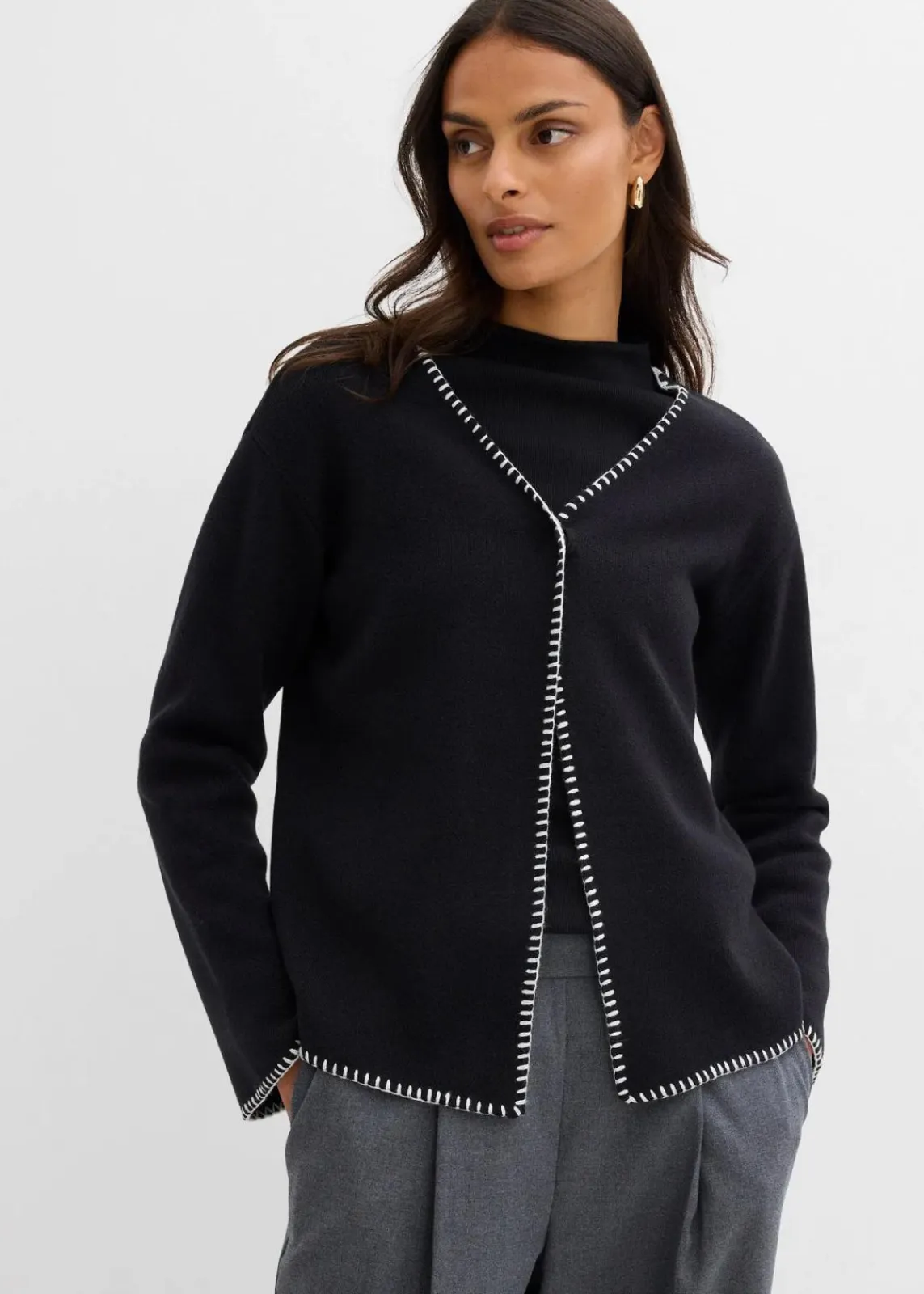 bonprix Bekleidung·Umstandsmode|Bekleidung·Jeans^Strickjacke aus Wollmix mit Kontrastdetails schwarz/weiß