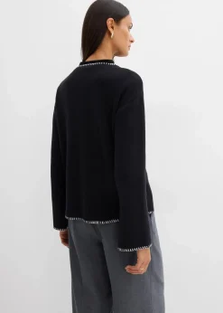 bonprix Bekleidung·Umstandsmode|Bekleidung·Jeans^Strickjacke aus Wollmix mit Kontrastdetails schwarz/weiß