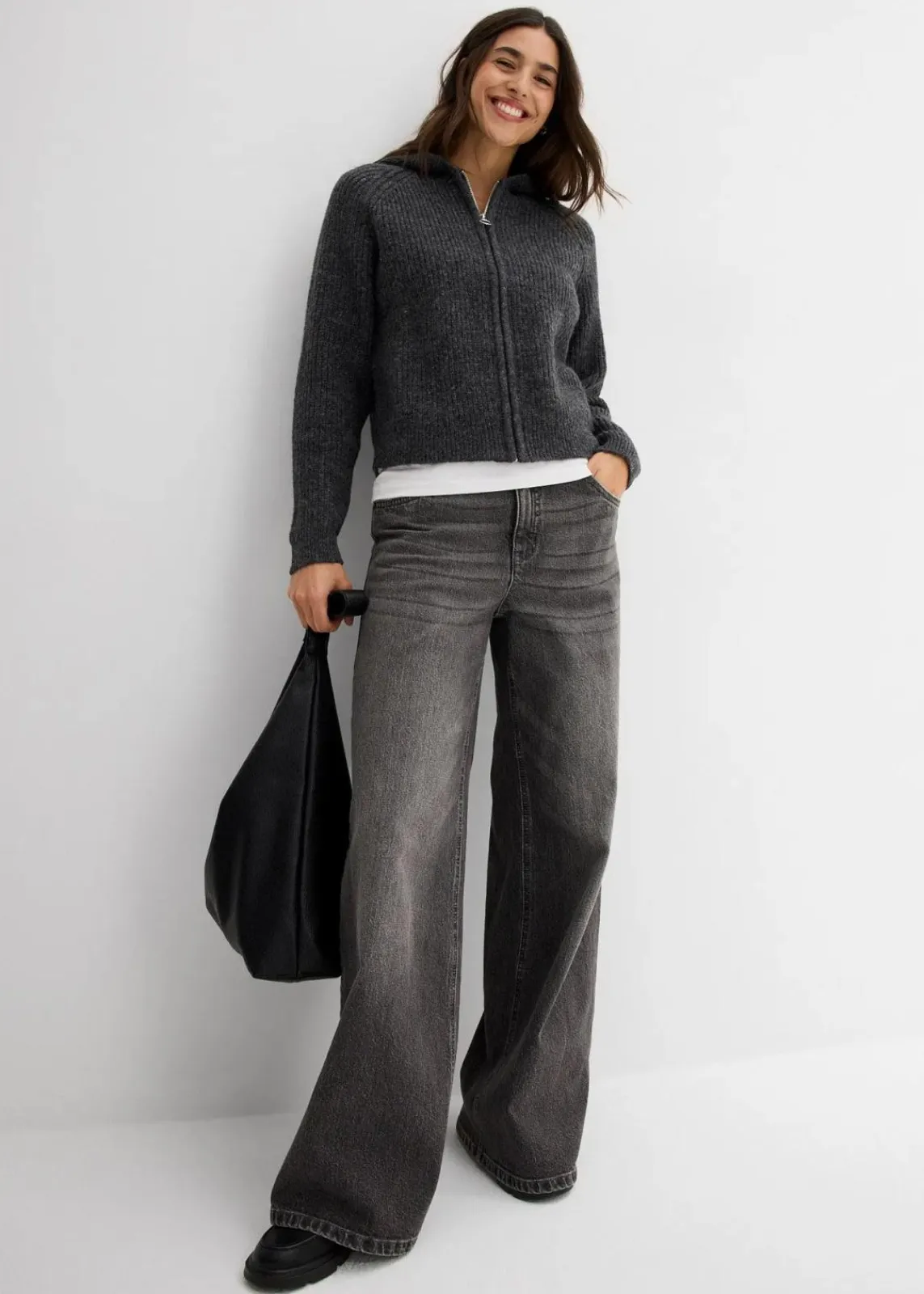 bonprix Pullover & Strickjacken|Strickmode^Strickjacke mit Kapuze anthrazit meliert