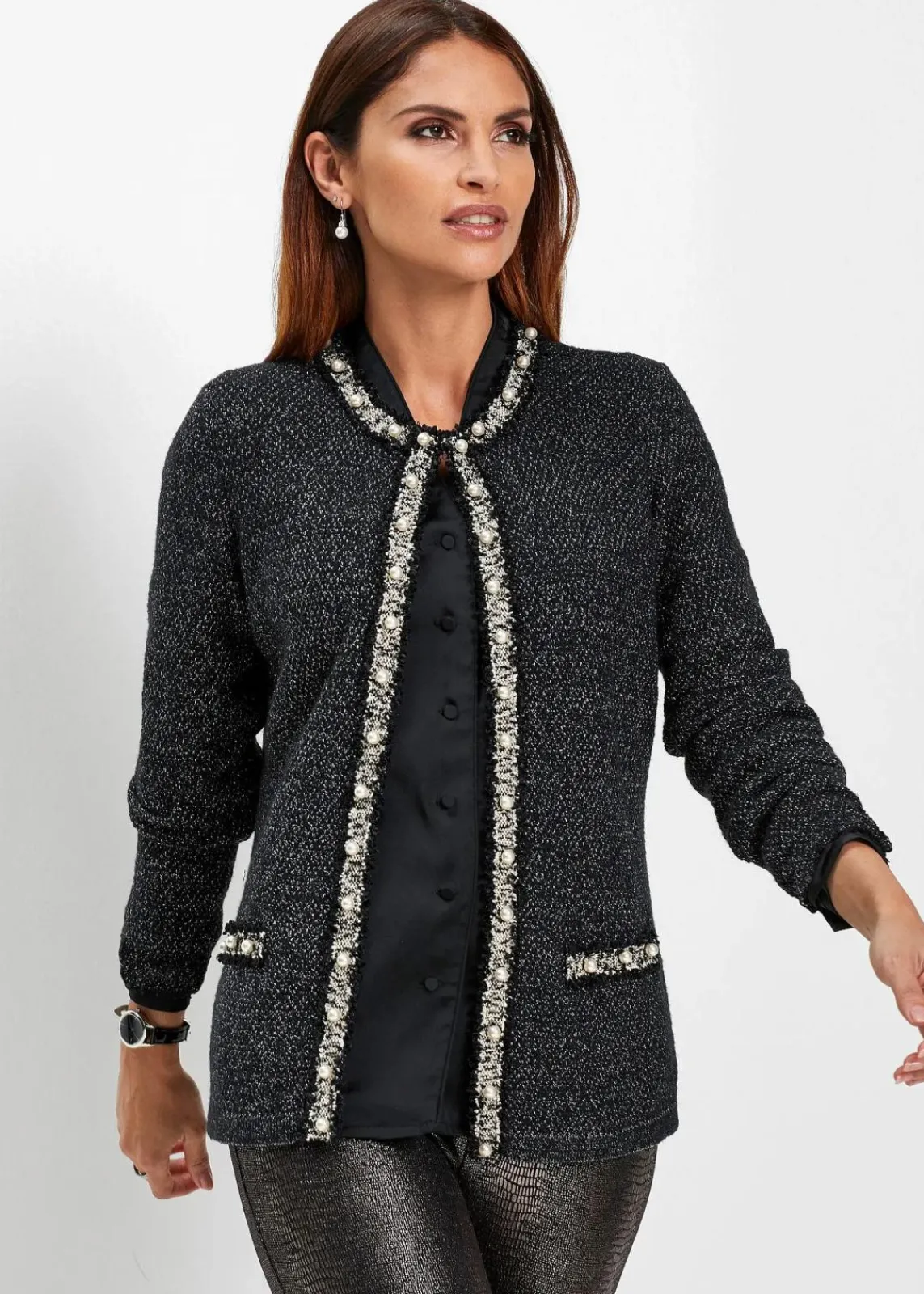 bonprix Bekleidung·Umstandsmode|Bekleidung·Jeans^Strickjacke mit Perlen schwarz