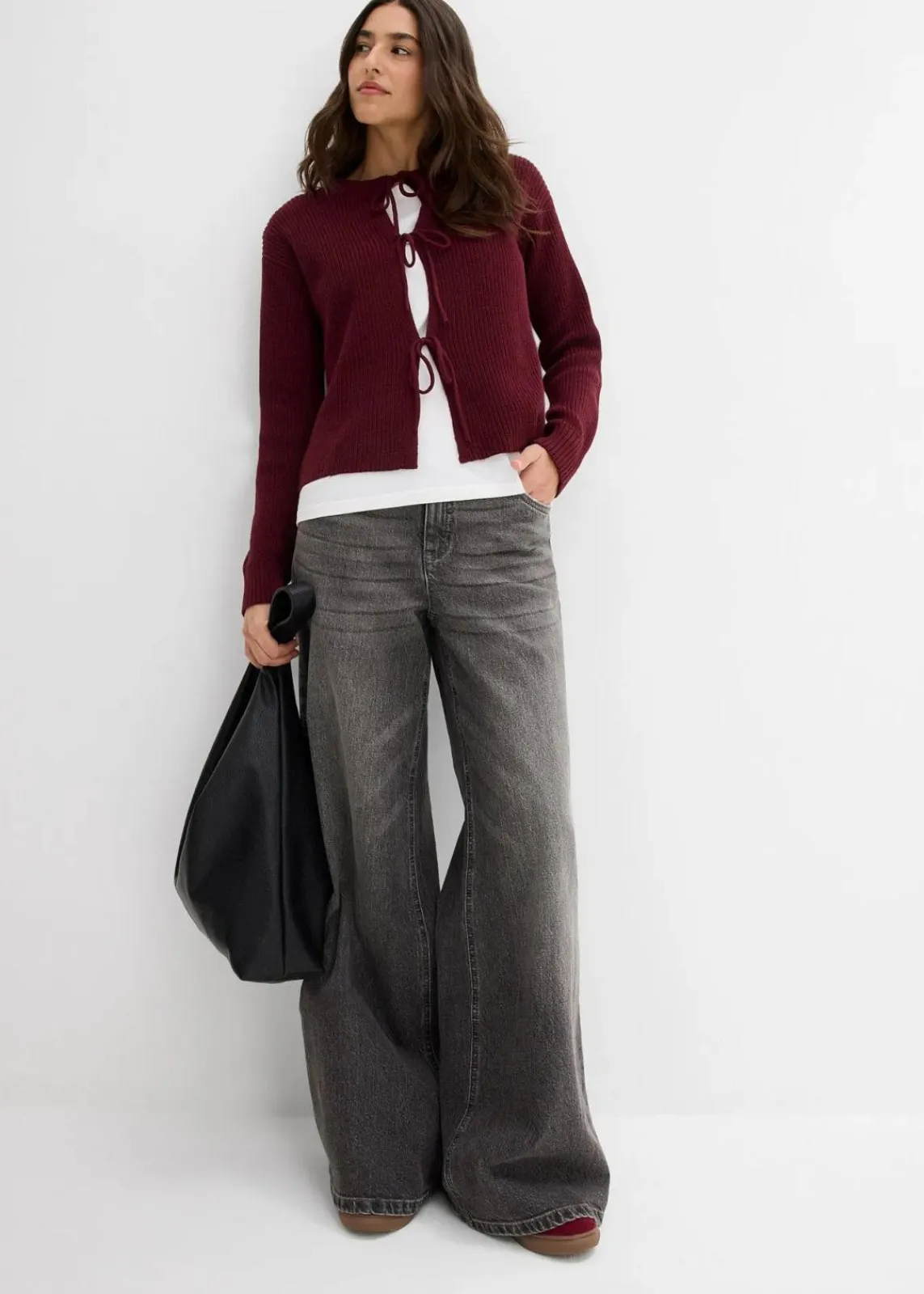 bonprix Bekleidung·Umstandsmode|Bekleidung·Jeans^Strickjacke mit Schleifen-Detail dunkelbeere