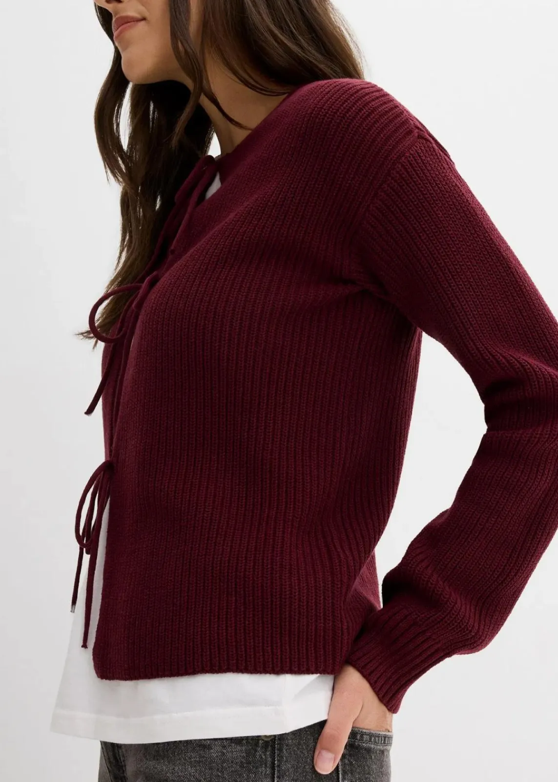bonprix Bekleidung·Umstandsmode|Bekleidung·Jeans^Strickjacke mit Schleifen-Detail dunkelbeere