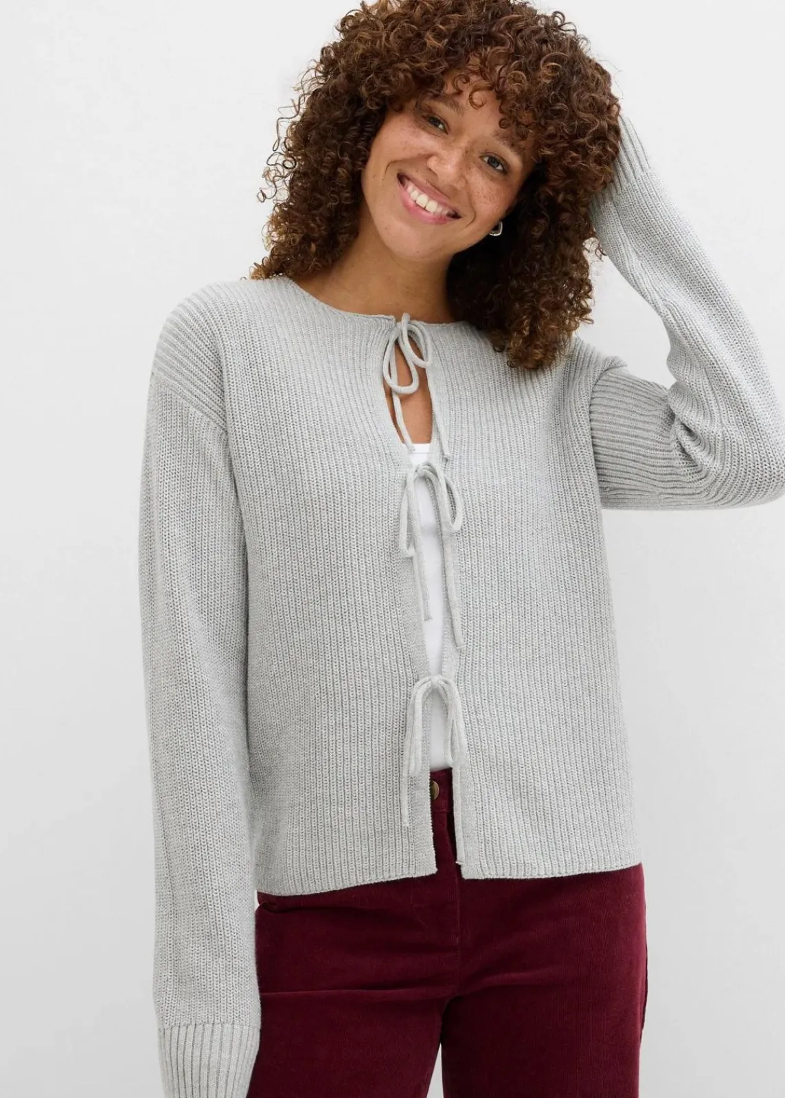 bonprix Pullover & Strickjacken|Strickmode^Strickjacke mit Schleifen-Detail hellgrau meliert