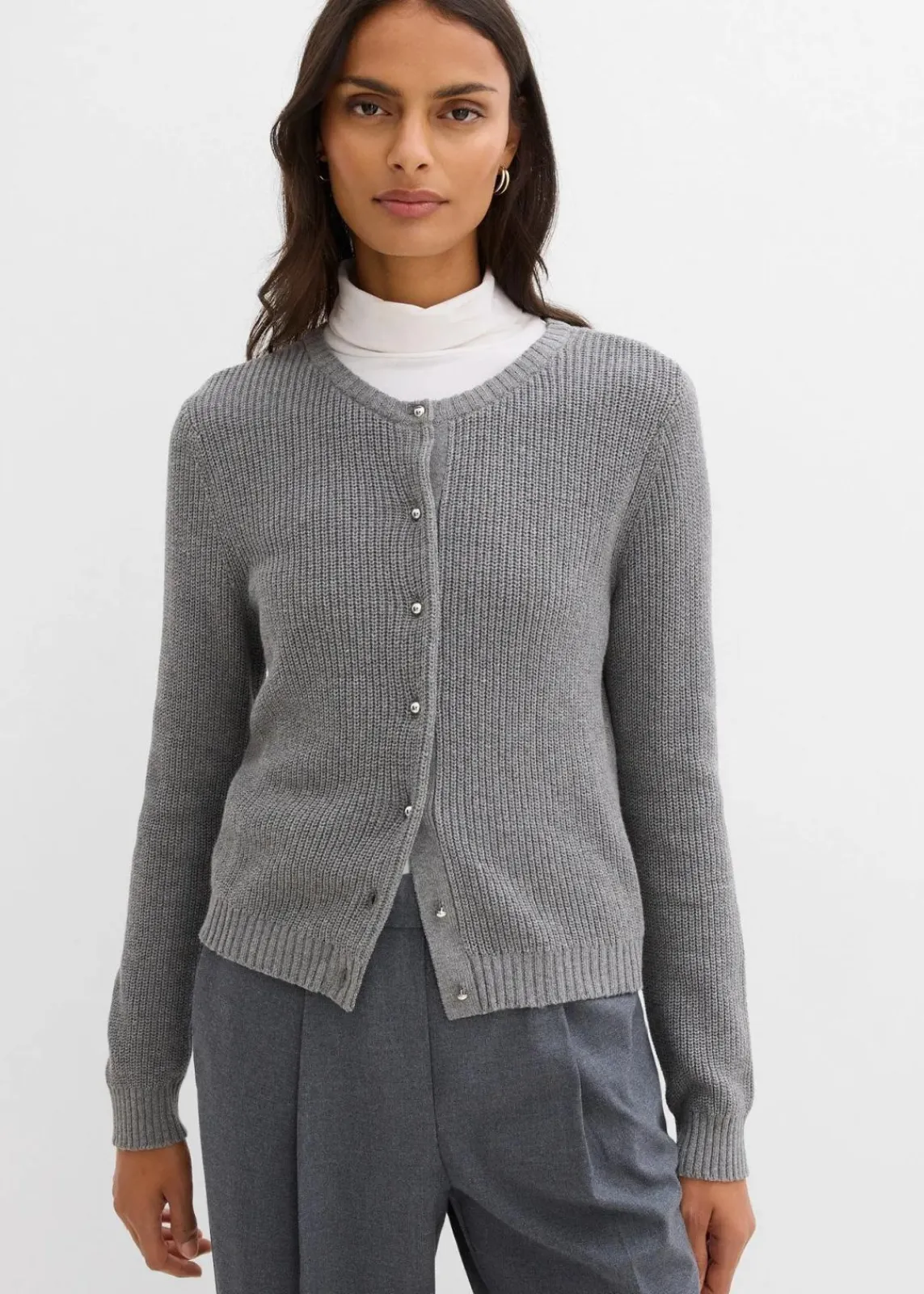 bonprix Bekleidung·Umstandsmode|Strickmode^Strickjacke mit Zierknöpfen aus Woll-Mix grau meliert