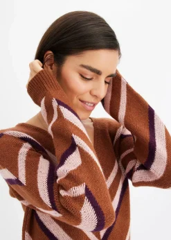 bonprix Strickmode|Kleider^Strickkleid rotbraun/rosa graphisch