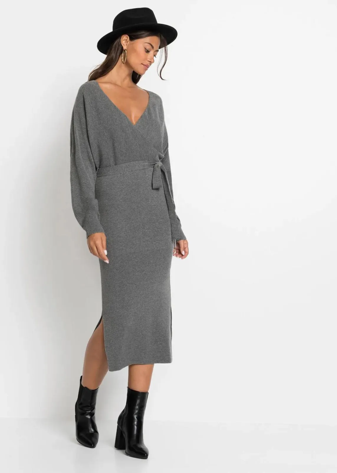 bonprix Kleider|Strickmode^Strickkleid aus fließendem Viskose-Mix anthrazit meliert
