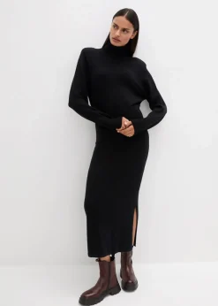 bonprix Kleider|Strickmode^Strickkleid aus Merinowolle schwarz