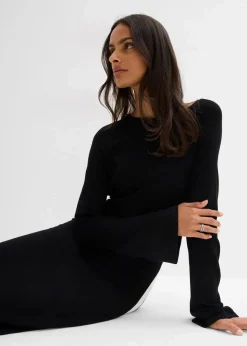 bonprix Bekleidung·Umstandsmode|Bekleidung·Pullover & Strickjacken^Strickkleid aus Viskose-Mix mit Kontrastdetails schwarz/wollweiß