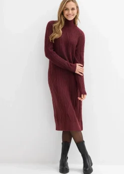 bonprix Kleider|Strickmode^Strickkleid aus Zopfstrick dunkelbeere