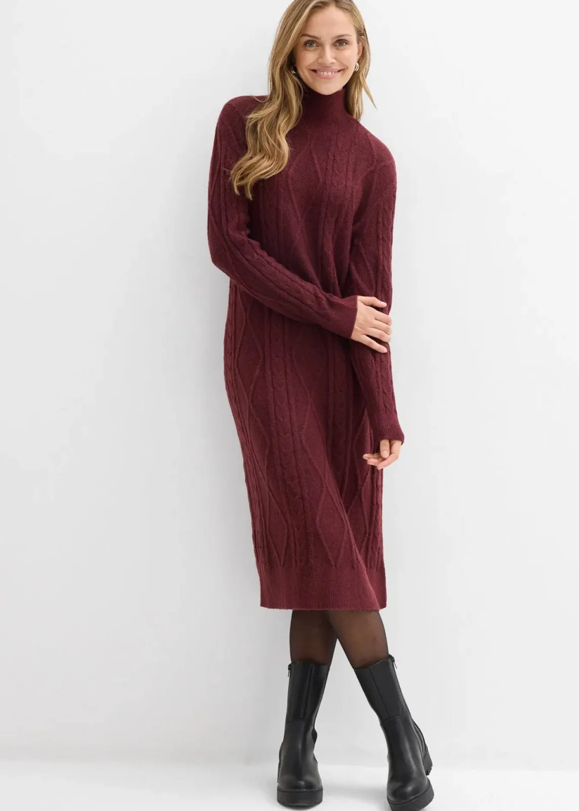 bonprix Kleider|Strickmode^Strickkleid aus Zopfstrick dunkelbeere